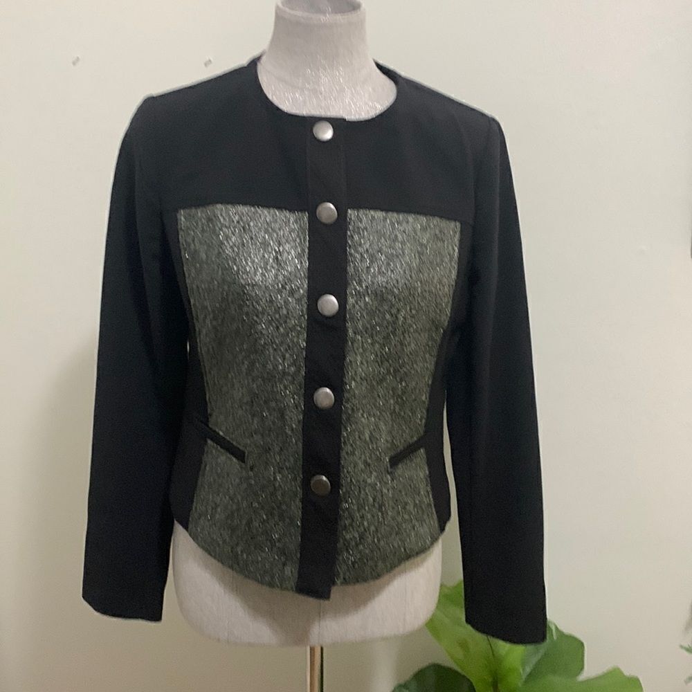 Cabi #3036 Mixed Media Black‎ Green Metallic Snap Front Jacket Size Medium